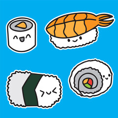 cute food sticker icon set for children sushi rice balls fish nori sheets japanese food in blue background simple doodle comic style for high quality print vector kid children books 