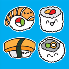 cute food sticker icon set for children sushi rice balls salmon japanese food in blue background simple doodle comic style for high quality print vector kid children books 