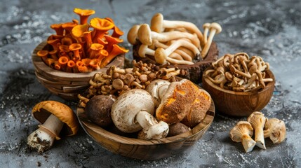 Mix of various real mushrooms like shiitake lions mane reishi cordyceps and chaga. Concept Health Benefits, Medicinal Mushrooms, Culinary Uses, Mushroom Foraging, Fungi Varieties 