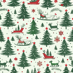 Vintage Christmas pattern with reindeer, trees, snowflakes, and festive sleigh rides

