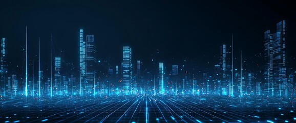 Fototapeta premium Futuristic Digital Cityscape with Neon Lights and Data Visualization