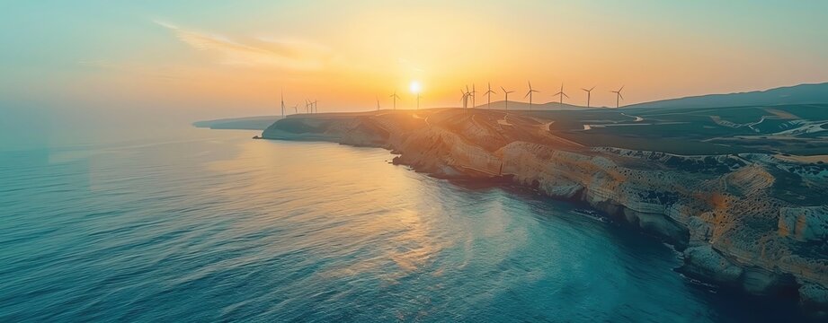 A coastal wind farm with turbines on the cliffs, overlooking a calm sea, captured from a wide-angle drone view, clear light, realistic photo lifelike 8K--no noise, dust.