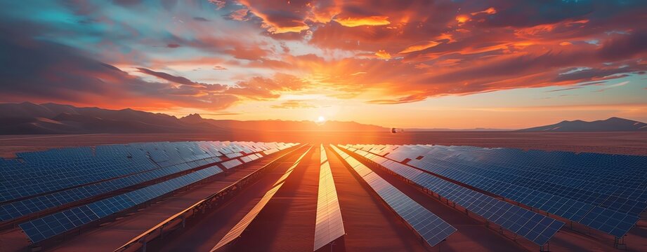Aerial view of a large-scale solar power plant in the desert, with rows of solar panels stretching towards the horizon under a vibrant sunset, clear light, realistic photo lifelike