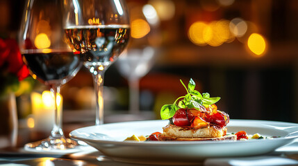 An upscale Italian restaurant setting with a beautifully plated gourmet dish and an elegant wine pairing