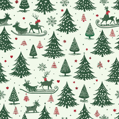 Obraz premium Vintage Christmas pattern with reindeer, trees, snowflakes, and festive sleigh rides
