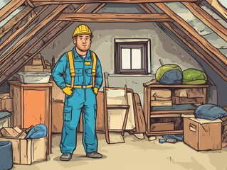 Fototapeta premium Man in a Yellow Hard Hat Standing in an Attic