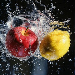 Design a high-resolution scene where strawberries, blueberries, blackberries, and raspberries spin mid-air, surrounded by dynamic water splashes, each droplet reflecting light and capturing the vibran