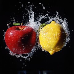 Design a high-resolution scene where strawberries, blueberries, blackberries, and raspberries spin mid-air, surrounded by dynamic water splashes, each droplet reflecting light and capturing the vibran