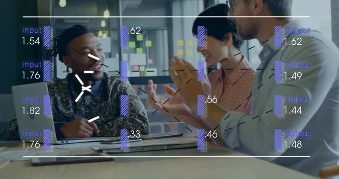 Animation of financial data processing over diverse business people in office - Powered by Adobe