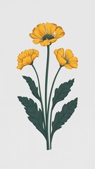 Obraz premium Vibrant yellow flowers with green leaves on a white background