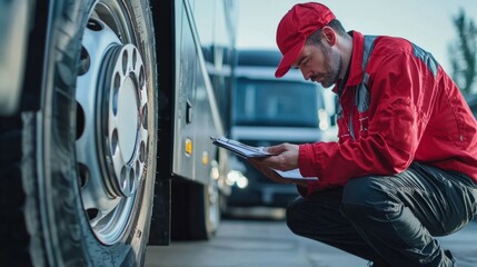 mechanic is Checking the bus Safety Maintenance Checklist. Inspection public transport Safety. Wheels and Tires.