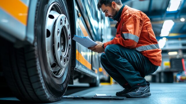 mechanic is Checking the bus Safety Maintenance Checklist. Inspection public transport Safety. Wheels and Tires.