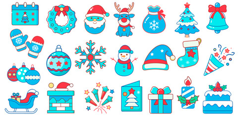 Christmas and New Year Icon Set in Festive Cartoon Style. A collection of 22 vector icons themed around Christmas and New Year, presented in a joyful, festive cartoon style. The icons are designed wit