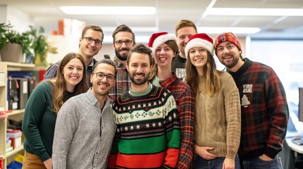  A joyful group of coworkers wearing festive Santa hats celebrating the holiday season together in a cheerful office setting, smiling warmly as they pose for a Christmas and New year photo