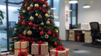 Christmas tree decorated with ornaments and lights standing in an office with wrapped presents underneath, celebrating the holiday new year season