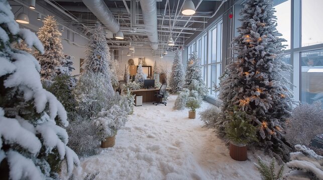 Office decorated for christmas and new year, featuring snow-covered trees and blue lights, creating a festive and whimsical winter atmosphere