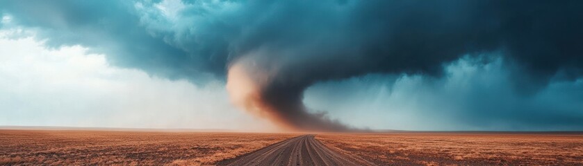 A dramatic landscape featuring a swirling tornado under a moody sky, showcasing nature's power and beauty in an open terrain.