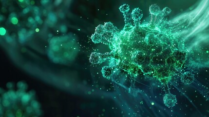 A digital display of a genetically modified microorganism with nanotech particles embedded within, emitting a faint green glow.