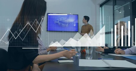 Animation of financial data processing over diverse business people in office - Powered by Adobe