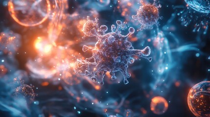 A group of futuristic microorganisms interacting with one another, their glowing bodies forming complex, dynamic patterns.