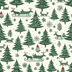 Fototapeta premium Vintage Christmas pattern with reindeer, trees, snowflakes, and festive sleigh rides
