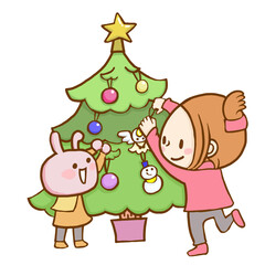 クリスマスツリーを飾る女の子とうさぎ