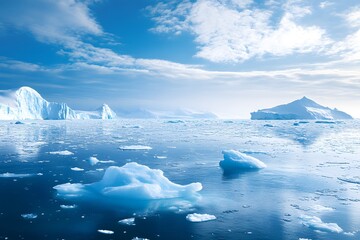 Frozen landscape of glaciers and icebergs, floating in a calm, icy sea under the glow of the midnight sun