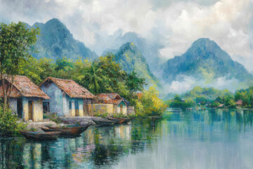 Fototapeta premium Lifestyle of local vietnamese living in a boat at Can Tho in beautiful, most famous and biggest floating market in Mekong Delta, Vietnam- oil painting.