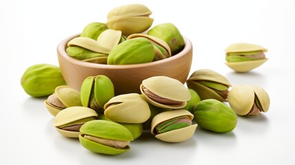 Fresh pistachios in a wooden bowl with scattered nuts on a white background