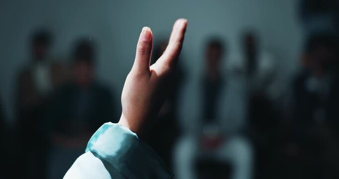 Presentation, hand of person and explain in meeting for seminar, information and gesture at audience. Woman, conference and demonstration in office for staff training, workshop or coaching in closeup