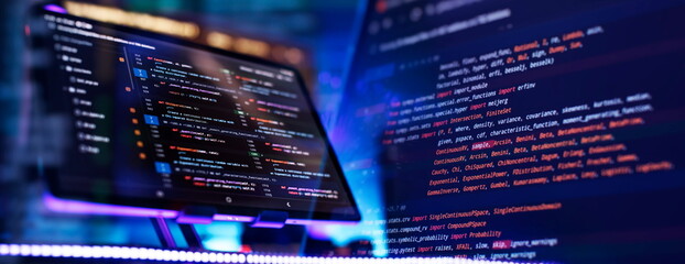 Coding script text on screen. Notebook closeup photo. Running Computer data programming.