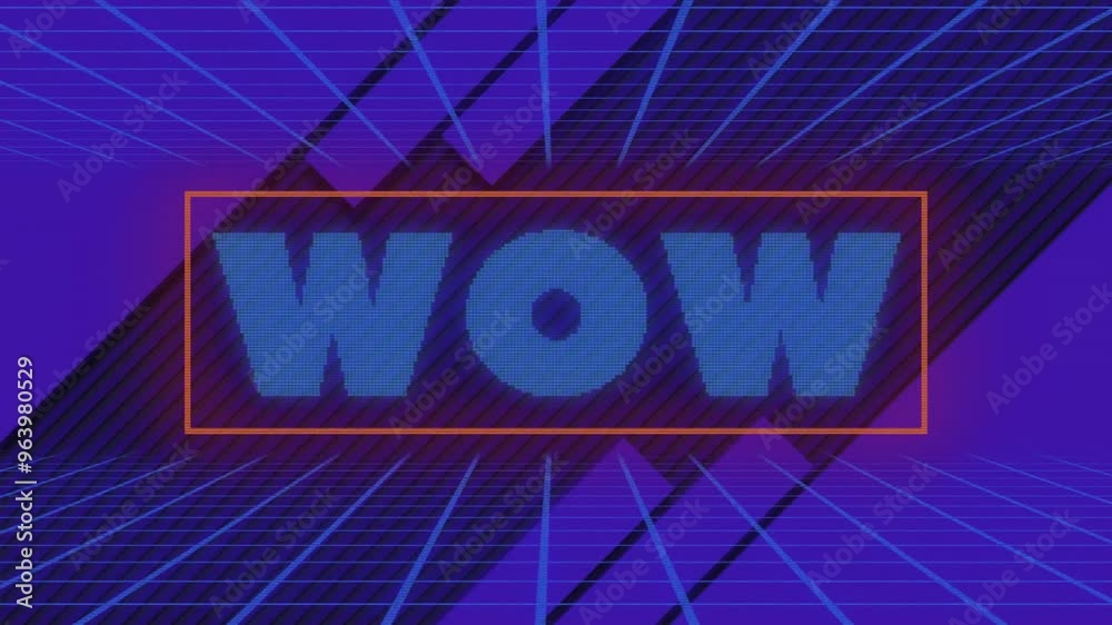 Poster animation of wow text over neon pattern background