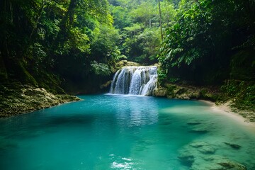 Turquoise lagoon surrounded by lush vegetation and waterfalls