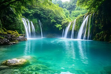 Fototapeta premium Turquoise lagoon surrounded by lush vegetation and waterfalls