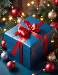 a blue gift box with a blue ribbon and bow, surrounded by christmas ornaments and lights.