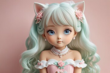 Cute little 3D doll in children's cartoon style, animated fantasy. Artistic background. Artistic illustration. Cartoon stylized illustrated art.