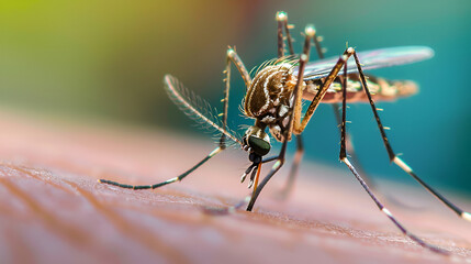 Close-up of a mosquito feeding on human skin, mosquito, close-up, feeding, blood, skin, insect, bite, parasite, macro ai generative..