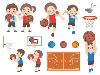 バスケットボールをする子供たちのイラストセット