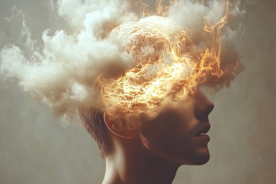 Somatosensory processing cognitive dissonance and cortical columns woman&rsquo;s head engulfed in glowing orange and smoke like clouds symbolizing mental warmth and deep thought