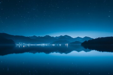 Starry night sky over a calm lake, reflection, mountains in the distance, minimalist, serene