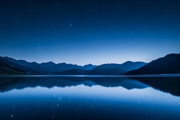 Starry night sky over a calm lake, reflection, mountains in the distance, minimalist, serene