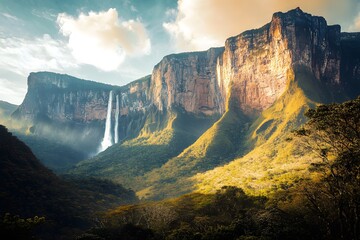 Fototapeta premium Towering mountain range bathed in golden sunlight, with a cascading waterfall carving its way through the rock face