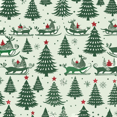 Fototapeta premium Vintage Christmas pattern with reindeer, trees, snowflakes, and festive sleigh rides