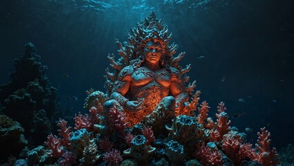 Fototapeta premium A giant marine deity statue deep in the sea, made of glowing coral and shells, set against a backdrop of a gloomy deep ocean.