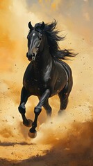 Black Horse Running Through Dust and Golden Light