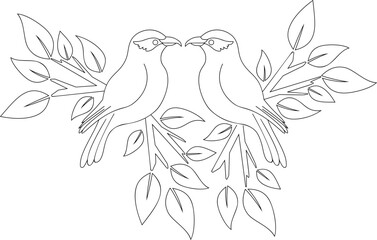 Line art drawing of couple shrike birds sit at lush tree branch. Abstract simple bird illustration, bird coloring page.