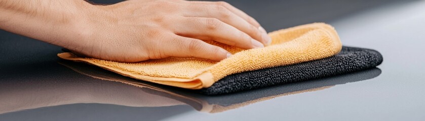A hand using a microfiber cloth to wipe a shiny surface, demonstrating effective cleaning and maintenance techniques.