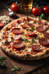 pizza with salami and tomatoes