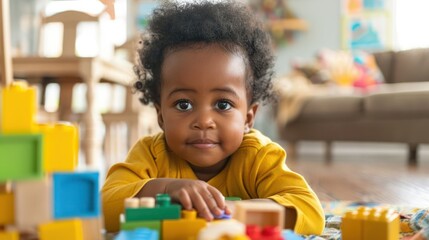 African American Toddler Playing With Colorful Wooden Block Toys Stock photo --ar 16:9 --style raw --v 6 Job ID: 3da4d75b-a54a-4030-8334-a9264b815149
