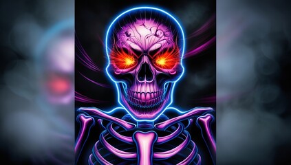 neon skeleton Halloween background. The skeleton's eyes radiate in shades of orange. Pink blue blurred bokeh lights backdrop